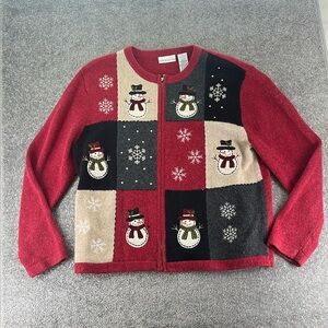 Croft & Barrow Long Sleeve Full Zip Up Sweater Red Womens L Christmas Snowman